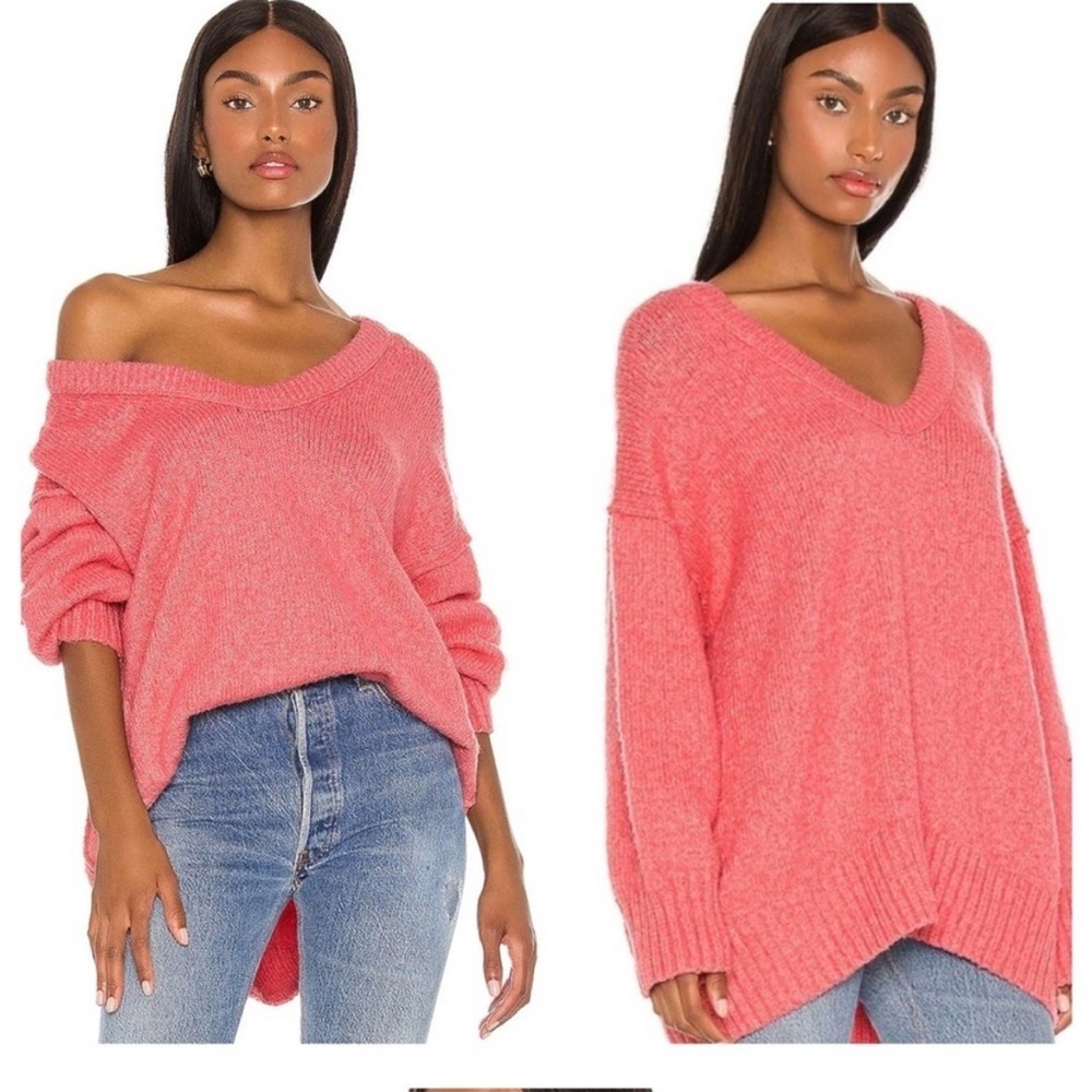 Free People Coral Pink V-Neck Oversized Sweater - Picture 2 of 13
